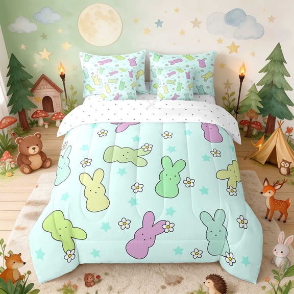 Erosebridal Bunny Full Size Bedding Sets for Boys Girls, Mint Daisies Full Size Bed in a Bag, Reversible 7 Pieces