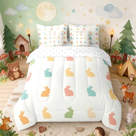 Erosebridal Bunny Full Size Bedding Sets for Boys Girls, Pastel Colors Full Size Bed in a Bag, Reversible 7-Piece