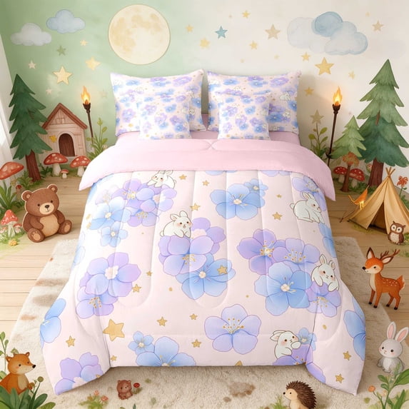 Erosebridal Bunny Full Size Bedding Sets for Girls, Blue Flowers Full Size Bed in a Bag, Pink Reversible 7pcs