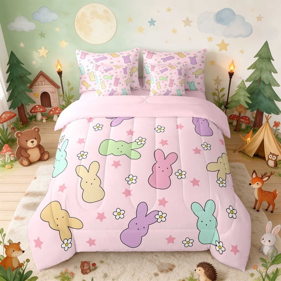 Erosebridal Bunny Full Size Bedding Sets for Girls, Pink Daisies Full Size Bed in a Bag, Pink Reversible 7 Pieces