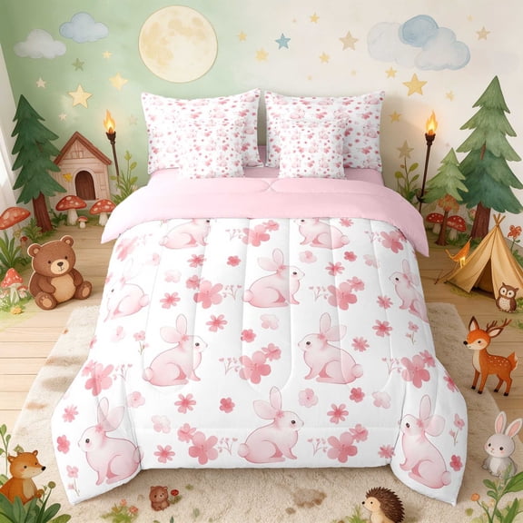 Erosebridal Bunny Queen Bedding for Girls, Pink Flowers Bedding Comforter Set Queen, Pink Reversible 7 Pieces
