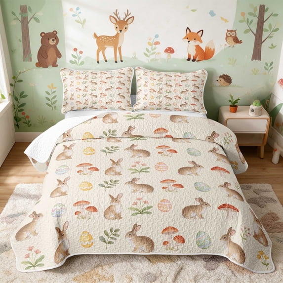 Erosebridal Bunny Quilt Full for Boys Girls, Woodland Mushrooms Full Bedspread Sets, 3 Pieces 1 Coverlet and 2 Pillowcases