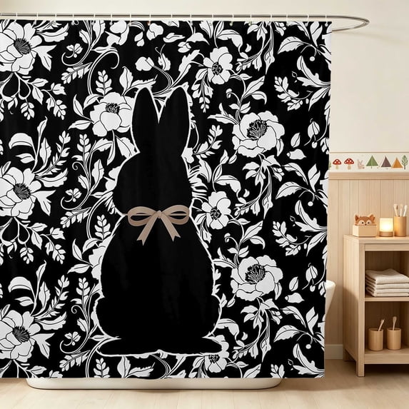 Erosebridal Bunny Shower Curtain 72Wx72L for Girls, Black Floral Waterproof Bathroom Curtain