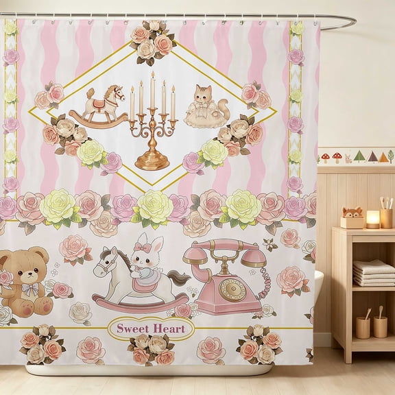 Erosebridal Bunny Shower Curtain 72Wx72L for Girls, Vintage Toys Waterproof Bathroom Curtain