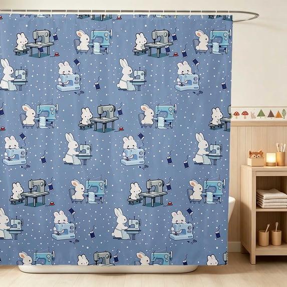 Erosebridal Bunny Shower Curtain 72Wx78L for Boys Girls, Blue Sewing Waterproof Bath Curtain