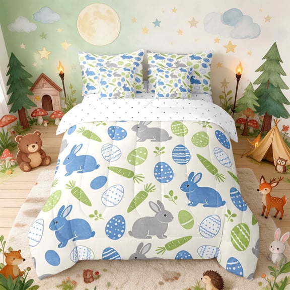Erosebridal Bunny Twin Bedding for Boys Girls, Easter Carrots Bedding Comforter Set, Reversible 7 Pieces
