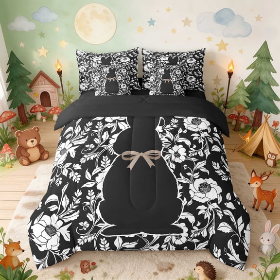 Erosebridal Bunny Twin Bedding for Girls, Black Floral Bedding Comforter Set, Black Reversible 7-Piece