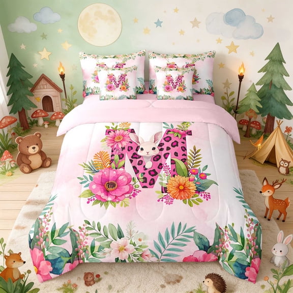 Erosebridal Bunny Twin Bedding for Girls, Pink Daisy Bedding Comforter Set, Pink Reversible 7 Pieces