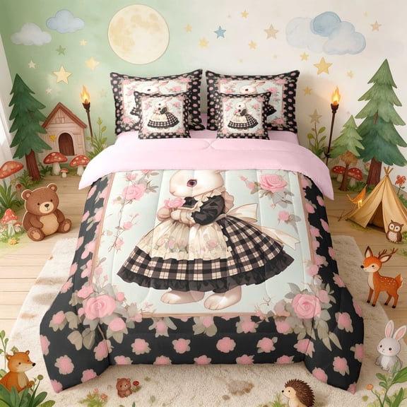 Erosebridal Bunny Twin Bedding for Girls, Rose Frame Bedding Comforter Set, Pink Reversible 7 Pieces
