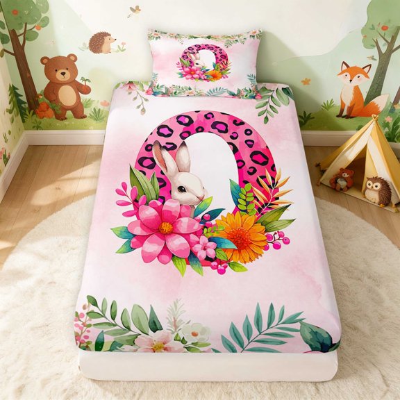 Erosebridal Bunny Twin Fitted Sheet for Girls, Pink Flowers Bedding, 2pcs 1 Fitted Sheet and 1 Pillowcase