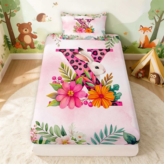 Erosebridal Bunny Twin Fitted Sheet for Girls, Pink Flowers Bedding, 2pcs 1 Fitted Sheet and 1 Pillowcase