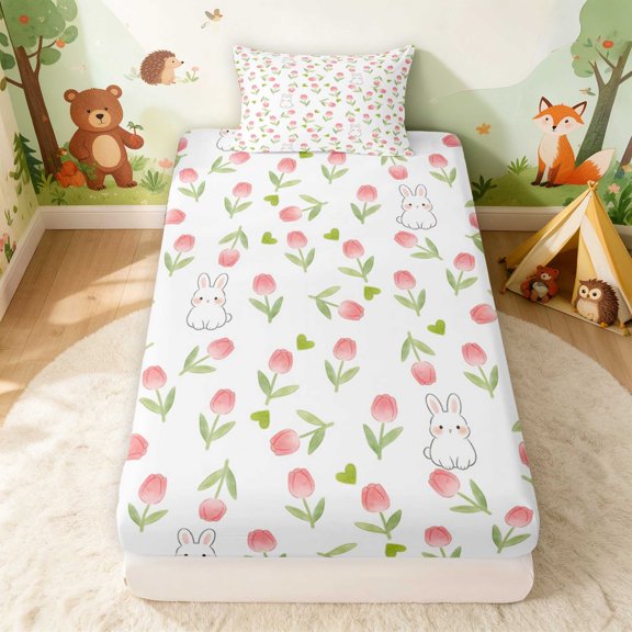 Erosebridal Bunny Twin Fitted Sheet for Girls, Pink Tulips Bedding, 2pcs 1 Fitted Sheet and 1 Pillowcase