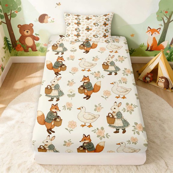 Erosebridal Bunny Twin Fitted Sheet for Girls, Vintage Garden Bedding, 2pcs 1 Fitted Sheet and 1 Pillowcase
