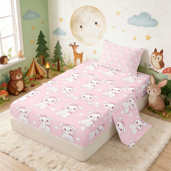 Erosebridal Bunny Twin Sheets for Girls, Pink Bows Bedding, 3 Pieces 1 Flat Sheet 1 Fitted Sheet and 1 Pillowcase