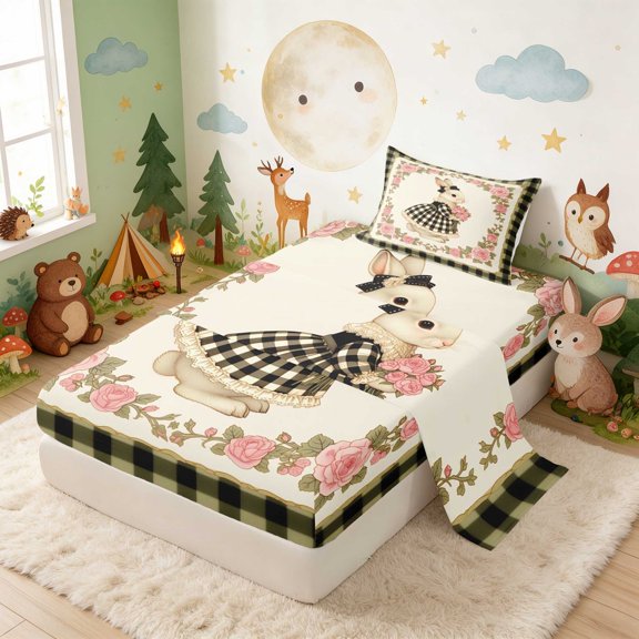 Erosebridal Bunny Twin Sheets for Girls, Pink Roses Bedding, 3-Piece 1 Flat Sheet 1 Fitted Sheet and 1 Pillowcase