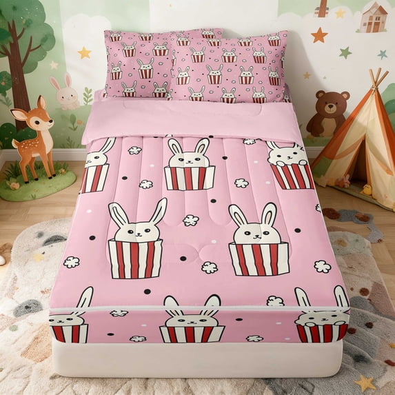 Erosebridal Bunny Zipper Twin Comforter Sets with Fitted Sheet and 2 Pillowcases for Girls, Popcorn Bucket Zipper Bedding Set, Pink Reversible