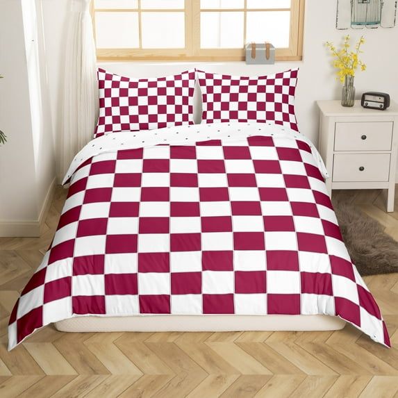 Erosebridal Burgundy Check Plaid Comforter Cover White Red Checkerboard Bedding Set,Teen Adults Aesthetic Geometric Bed Set Modern Room Decor Zipper(No Comforter)