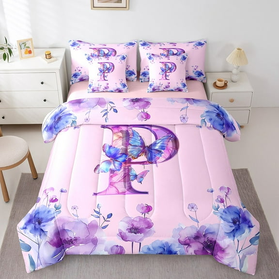 Erosebridal Butterfly Bedding Sets Queen Size,Personalized Letter P Comforter Sets with Sheets,Pink Purple Flower Bed in a Bag Queen Size For Girl,Microfiber Room Decoration Reversible,7-Piece