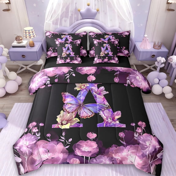 Erosebridal Butterfly Bedding Sets Twin Size,Monogrammed A Bed in a Bag Twin Size,Purple Flower Bed in a Bag Twin Size,Breathable Room Decor Reversible,7-Piece