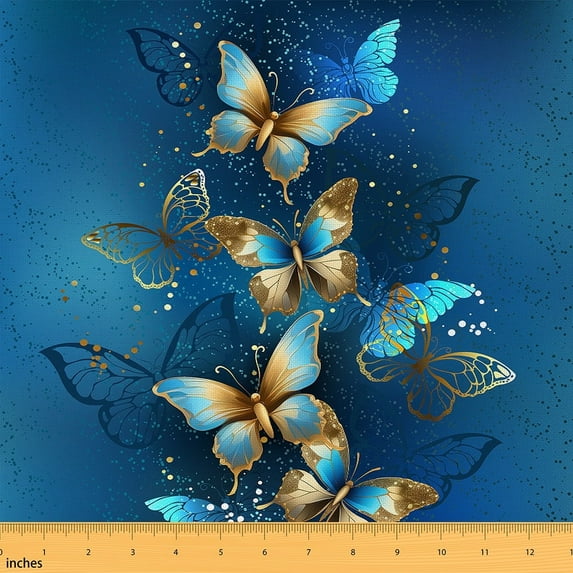 Erosebridal Butterfly Fabric by the Yard,Ombre Blue Golden Butterfly Upholstery Fabric for Chairs,Butterfly Print Indoor Outdoor Fabric,Abstract Art Waterproof Fabric for DIY Upholstery,Blue,3 Yards