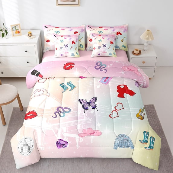 Erosebridal Butterfly Guitar Bedding Sets Twin Size,Western Cowgirl Comforter Sets with Sheets,Disco Ball Bed in a Bag Twin size,Ultra Soft Melody Room Decoration,Reversible,7pcs