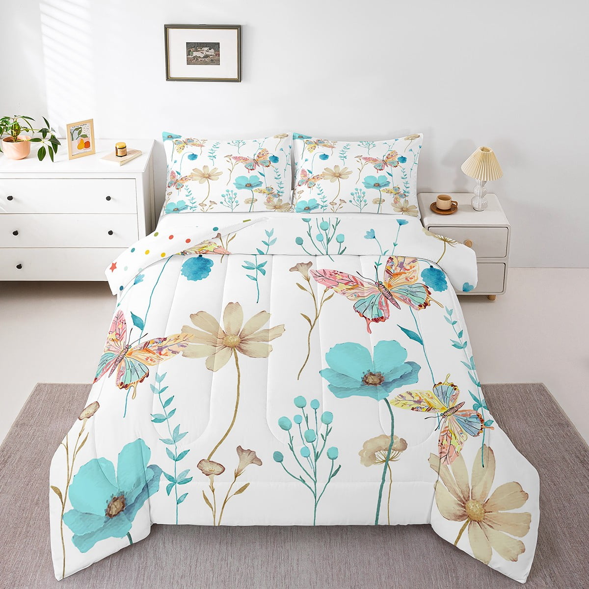 Erosebridal Butterfly King Size Bedding Set,Light Blue Beige Watercolor ...
