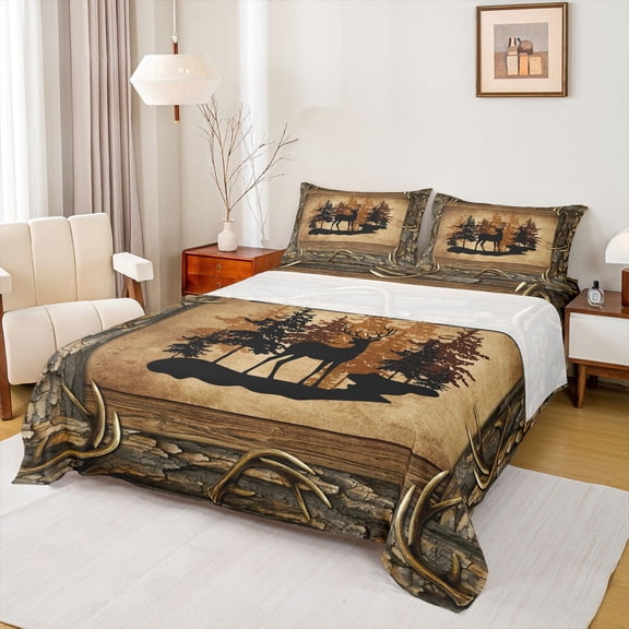 Erosebridal Cabin Moose Deer Bed Sheets, Brown Lake House King Sheets, 4pcs