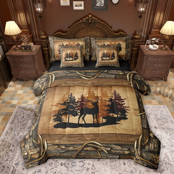 Erosebridal Cabin Moose Deer Bedding Comforter Set 7pcs, Brown Lake House Queen Bedding Sets