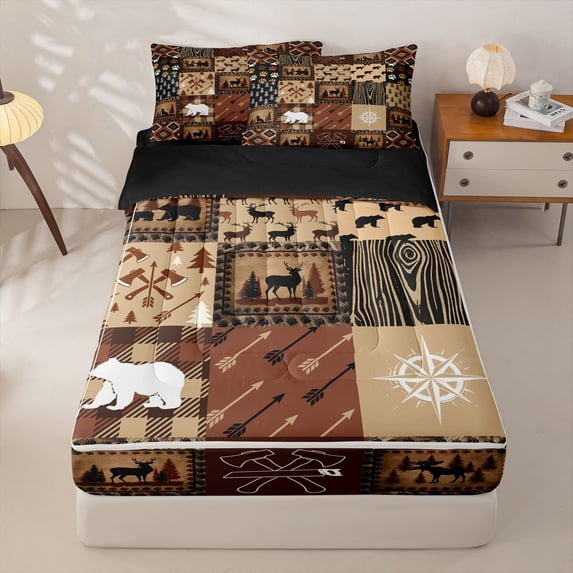 Erosebridal Cabin Patchwork Zipper Full Size Comforter Sets with Fitted Sheet and 2 Pillowcases,Deer Bear Woodland Print Zipper Bedding Set For Boys,Black Reversible,4 Pieces