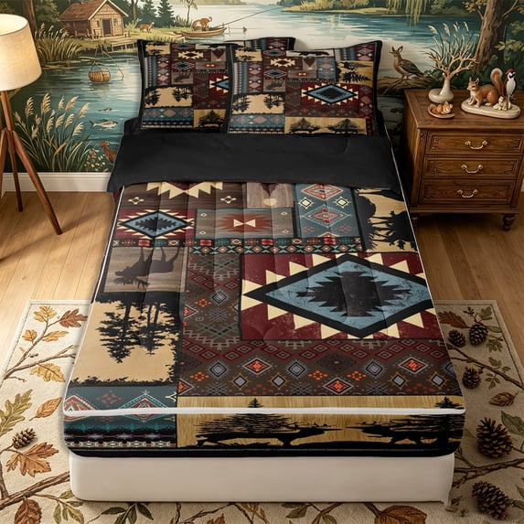 Erosebridal Cabin Southwest Wildlife Patchwork Zipper Full Size Comforter Sets with Fitted Sheet and 2 Pillowcases,Aztec Geometric Square Zipper Bedding Set,Teal Rust Red Brown,Black Reversible