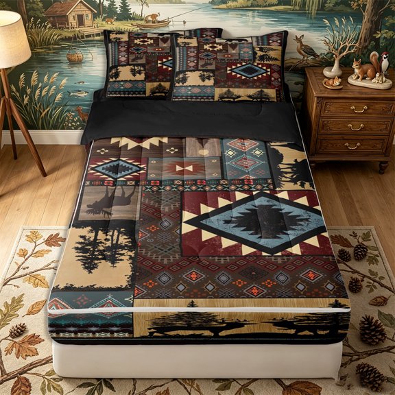 Erosebridal Cabin Southwest Wildlife Patchwork Zipper Queen Comforter Set with Fitted Sheet and 2 Pillowcases,Aztec Geometric Square Zipper Bedding Set,Teal Rust Red Brown,Black Reversible