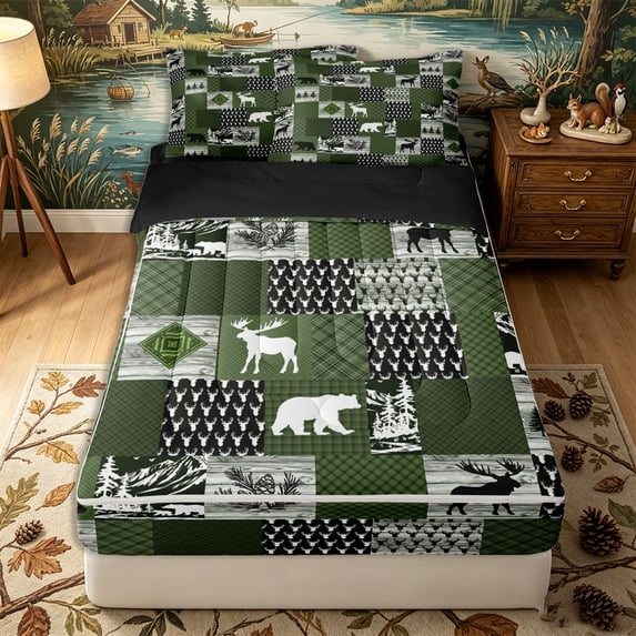 Erosebridal Cabin Wildlife Pattern Zipper Full Size Comforter Sets with Fitted Sheet and 2 Pillowcases,Plaid Timber Print Zipper Bedding Set,Black Green,Black Reversible