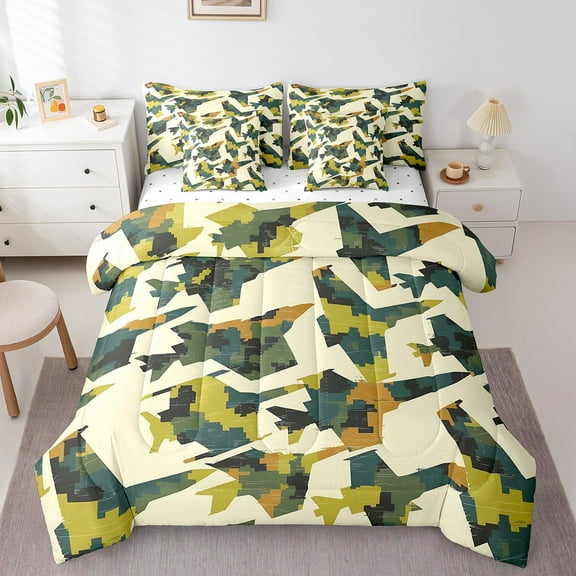 Erosebridal Camo Aircraft Bedding King Size, Yellow Green Bed in a Bag King size, Military Jet Reversible Bed Set, Super Cozy Room Decoration, 7pcs
