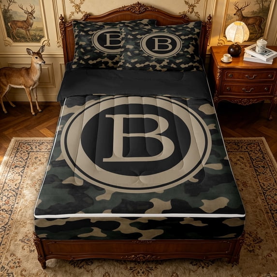Erosebridal Camo B Letter Zipper Queen Comforter Set with Fitted Sheet and 2 Pillowcases for Boys Men, Camouflage Monogram Zipper Bedding Set, Green Khaki, Black Reversible, 4 Pieces