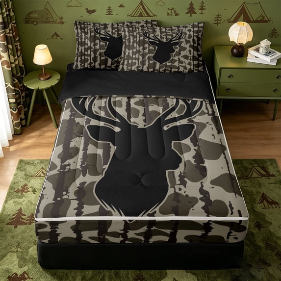 Erosebridal Camo Deer Silhouette Zipper Twin Comforter Sets with Fitted Sheet and 2 Pillowcases,Jungle Elk Print Zipper Bedding Set For Boys,Black Reversible,4 Pieces