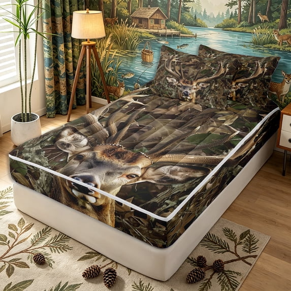 Erosebridal Camo Forest Stag Print Zipper Full Size Comforter Sets with Fitted Sheet and 2 Pillowcases,Leaf Jungle Camouflage Accent Zipper Bedding Set,Brown Green,4pcs,Black Reversible