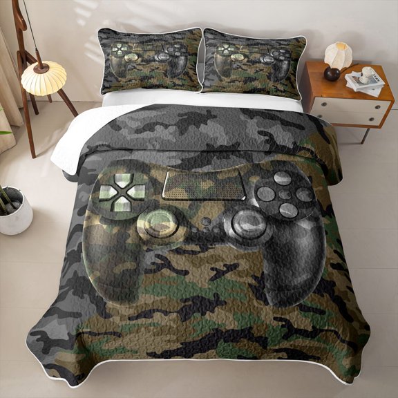 Erosebridal Camo Game Controller Quilt Full for Boys Men, Jungle Camouflage Gamepad Full Bedspread Sets, Green Brown, 3pcs