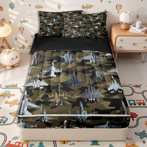 Erosebridal Camo Jet Plane Pattern Zipper Twin Comforter Sets with Fitted Sheet and 2 Pillowcases,Rustic Fighter Jet Print Zipper Bedding Set,Olive Green Brown,Black Reversible