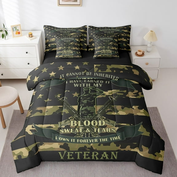Erosebridal Camo Military Bed in a Bag Twin size, Army Green Bed Set, Stripes Geometric Reversible Bedding Twin Size, Microfiber Room Decoration, 7pcs