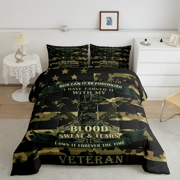 Erosebridal Camo Military Comforter Sets Twin Size, Army Green Down Comforter, Stripes Geometric Reversible Duvet Insert, Microfiber Room Decoration, 2pcs