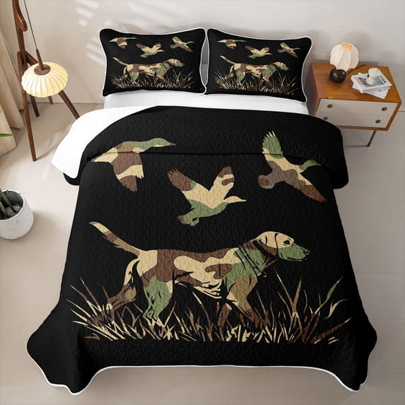 Erosebridal Camo Print Dog Twin Quilt Set,Flying Mallard Silhouette Twin Coverlet Set For Boys,2 Pieces