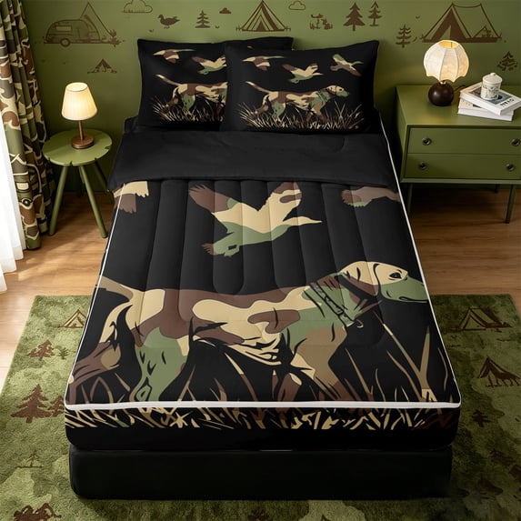 Erosebridal Camo Print Dog Zipper Full Size Comforter Sets with Fitted Sheet and 2 Pillowcases,Flying Mallard Silhouette Zipper Bedding Set For Boys,Black Reversible,4 Pieces