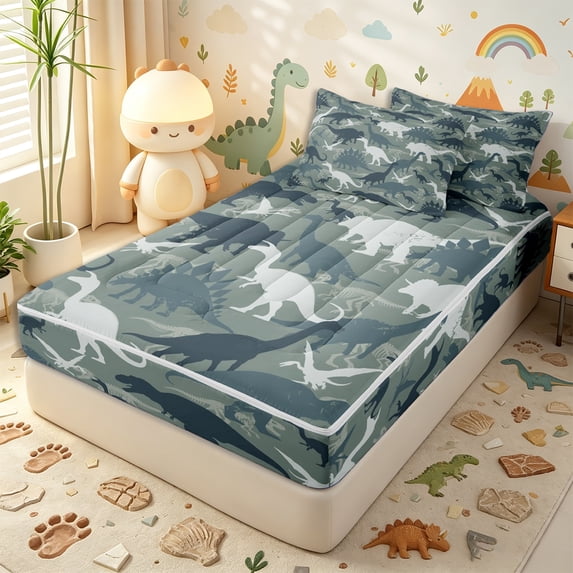 Erosebridal Camo Silhouette Dino Zipper Twin Comforter Sets with Fitted Sheet and 2 Pillowcases,Grayscale Fossil Zipper Bedding Set,Sage Gray,4-Piece,Black Reversible
