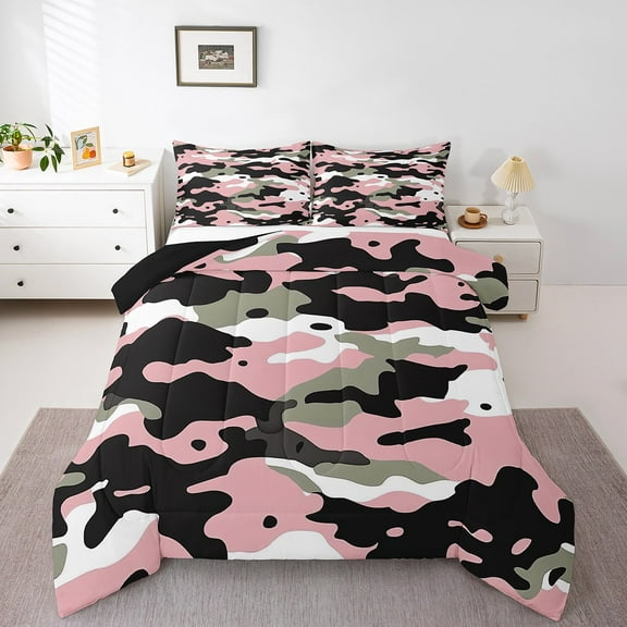 Erosebridal Camouflage Army Bedding Full Comforter Set, Pink Camo Comforter Sets Full Size, Military Theme Reversible Down Comforter, Breathable Bedroom Decorative, 3pcs