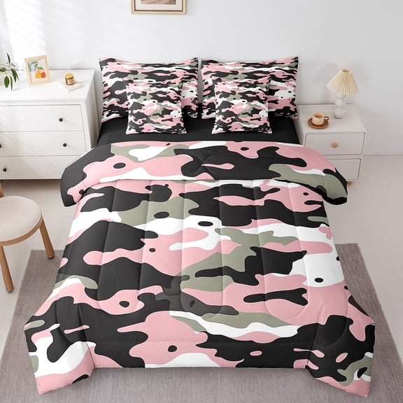 Erosebridal Camouflage Army Bedding Sets Full Size, Pink Camo Comforter Sets with Sheets, Military Theme Reversible Bedding Full Size, Breathable Bedroom Decorative, 7pcs