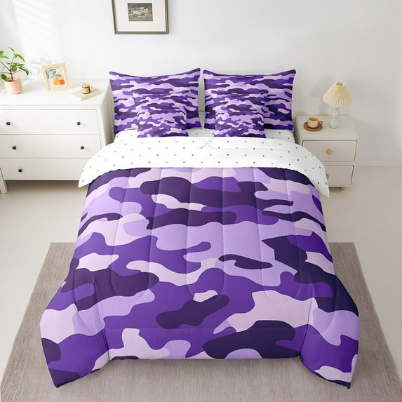 Erosebridal Camouflage Army Bedding Sets King Size, Purple Camo Comforter Sets with Sheets, Military Room Decor, 7-Piece