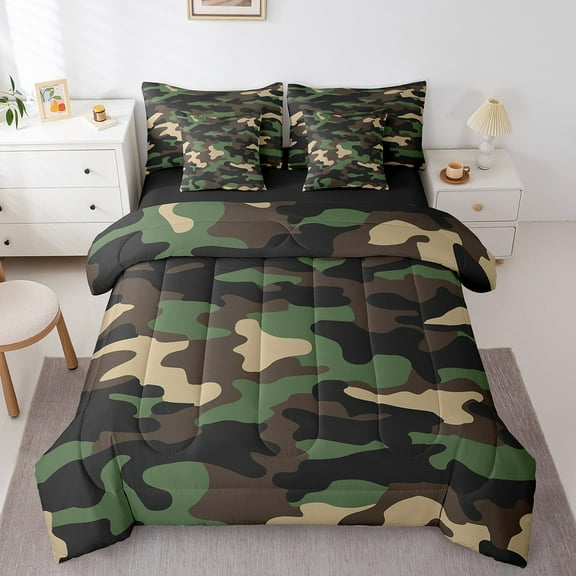 Erosebridal Camouflage Bedding Queen Size,Army Camo Comforter Sets with Sheets,Brown Green Pattern Bedding Sets Queen Size For Men Women,Super Cozy Bedroom Decor Reversible,7-Piece