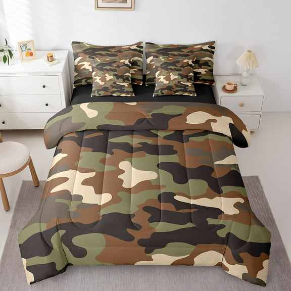 Erosebridal Camouflage Bedding Queen Size,Military Camo Comforter Sets with Sheets,Black Brown Pattern Bedding Sets Queen Size For Men Women,Super Cozy Bedroom Decor Reversible,7-Piece