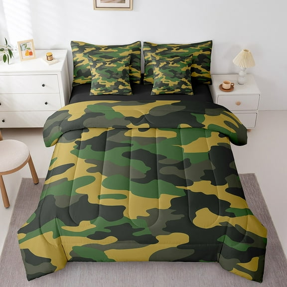 Erosebridal Camouflage Bedding Sets Full Size for Teens, Army Military Comforter Sets with Sheets, Geometric Reversible Bed Sheets Set, Ultra Soft Bedroom Decorative, 7pcs