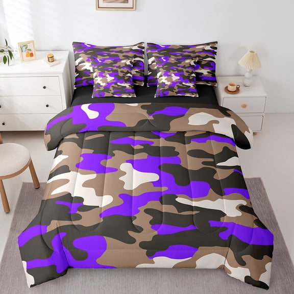 Erosebridal Camouflage Bedding Sets Twin Size,Army Camo Comforter Sets with Sheets,Purple Black Brown Pattern Bed in a Bag Twin Size For Men Women,Super Cozy Bedroom Decor Reversible,7-Piece